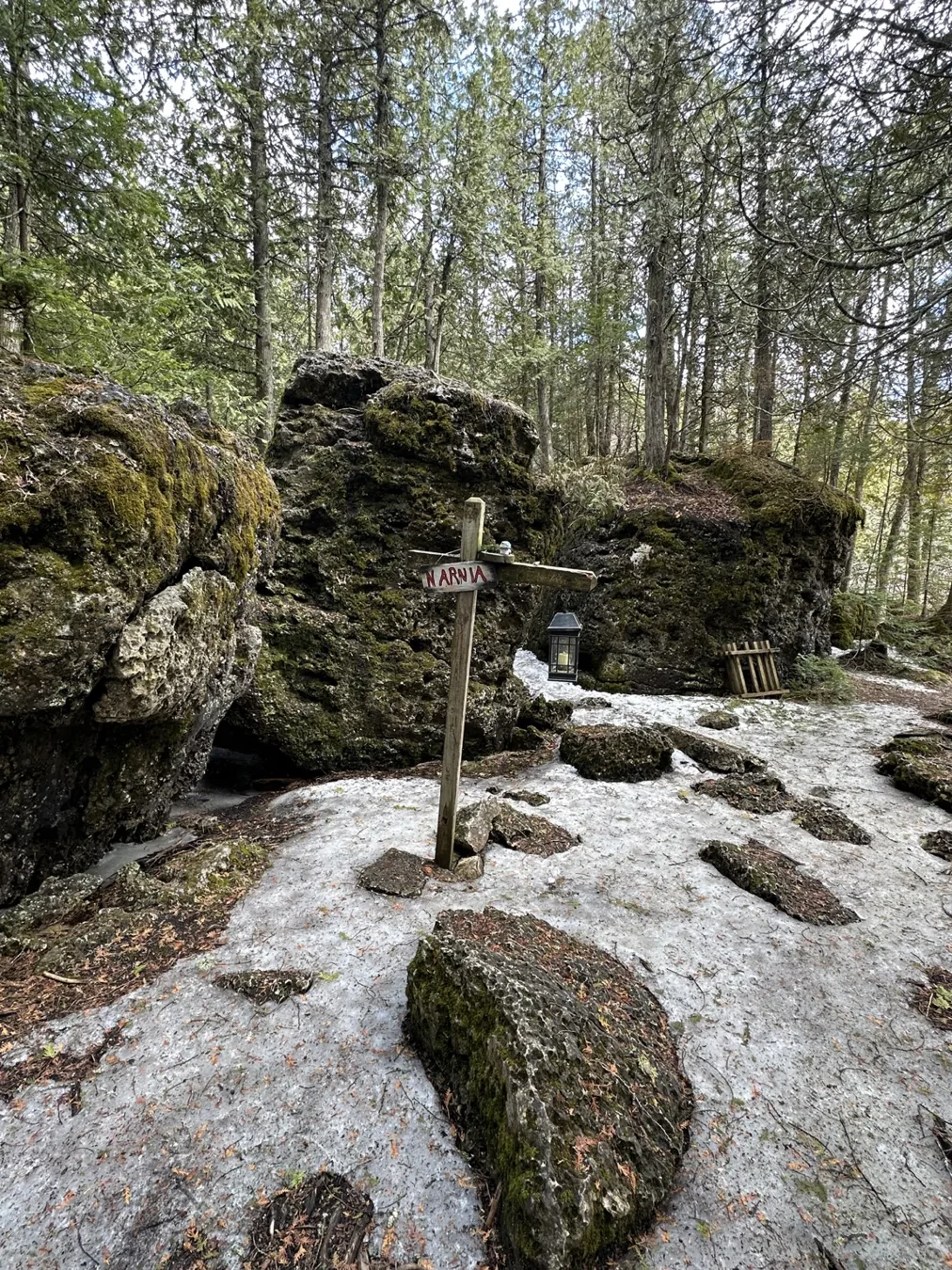 Rocky woodland trail with patches of snow