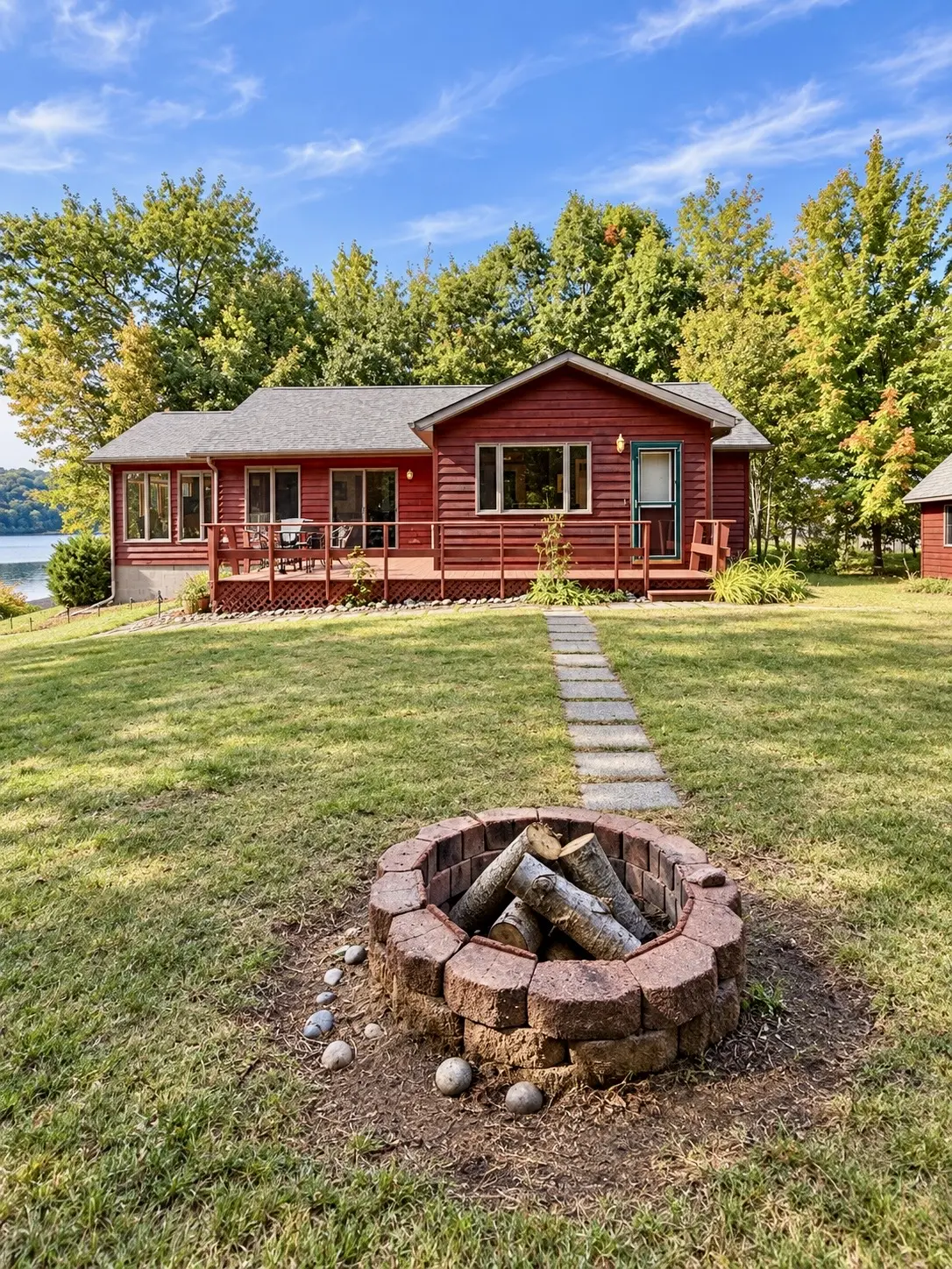 The Loon Hollow main home, lakeside lawn and fire pit