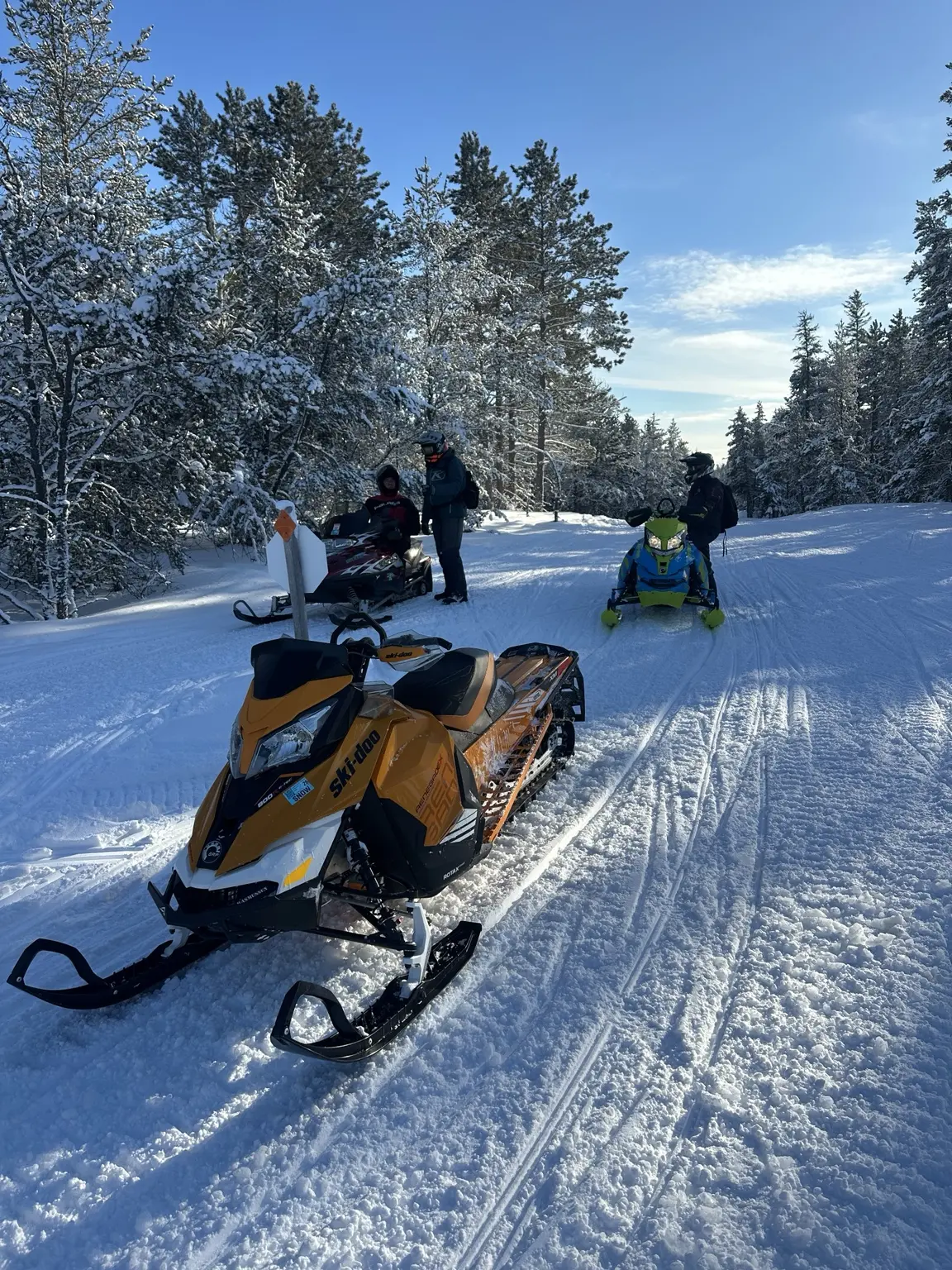 Snowmobiles on a snowy Eastern U.P. trail
